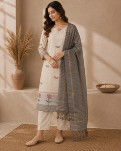 Unstitched <b>Hand</b> Embroidered Jamdani Cotton Kurta <b>Set</b> in <b>Cream</b> White for Women Available at wholesale Price - Product Image 1