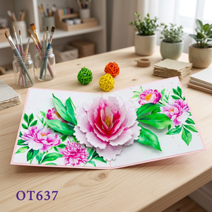 การ์ดป๊อปอัพ 3 มิติ ทำมือ ลายดอกโบตั๋นสีชมพู งานศิลปะแกะสลักกระดาษ - Product Image 1