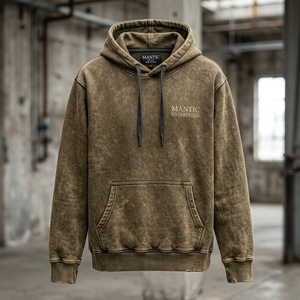 เสื้อฮู้ดดี้ผ้าฟลีซฟอกสีสไตล์ฝรั่งเศสแบบหนาพิเศษ ตกแต่งด้วยเทคนิค Distressed Acid Wash พร้อมกระเป๋าคู่ ปักลาย OEM สีซีดแบบซันเฟด สำหรับผู้ชาย - Product Image 6