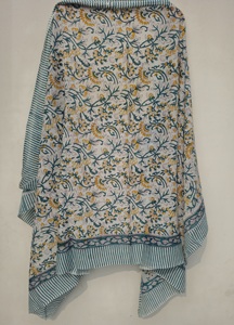 Indian Handmade Block Print Cotton Pareo Sarong Floral Scarf Stole Dupatta Soft Lightweight Beach Cover-Up Eco-Friendly Front - Product Image 5