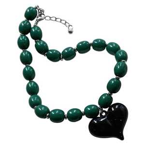 Green Handmade Beaded Necklace with Black Heart Pendant Women's Cute <b>Resin</b> Christian Jewelry Fashion Statement Piece - Product Image 5