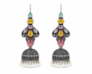 Wholesale Supplier <b>Oxidized</b> Silver Jhumka Earrings | Multicolor Stone Fashion Dangle Earrings - Product Image 4