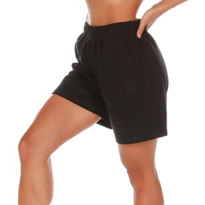Shorts en coton noir tricoté pour femme avec poches, taille élastique, style décontracté, taille mi-haute, coupe régulière, respirant, couleur unie - Product Image 2