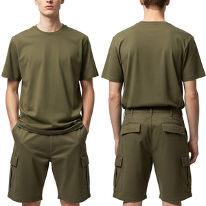 Conjunto de Camiseta de Cuello Redondo y Pantalones Cortos Cargo para Hombre, Color Verde Oliva Sólido, Estilo Casual de Verano, Tejido de Punto, Estilo Liso Teñido - Product Image 3