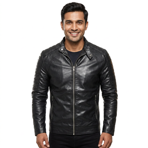 Chaqueta de cuero de alta calidad para hombre, corte ajustado, de cuero integral, a la moda, con rayas negras y marfil, con cierre de cremallera. - Product Image 2