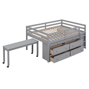 Letto a Soppalco in Legno a Grandezza Naturale con Scrivania Retrattile e 4 Cassetti, Scaffali Laterali Portatili in Grigio per Bambini - Product Image 4