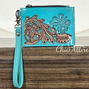 Nouveau design, mini portefeuille à poignet en cuir véritable, élégant motif floral et papillon turquoise, porte-monnaie et porte-cartes, pochettes pour femmes - Product Image 1