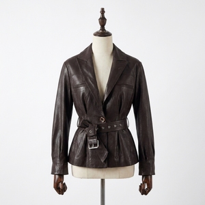 Chaqueta de Cuero Genuino Negra para Mujer, Cuello Camisero, Cinturón, Manga Larga, Chaqueta de Otoño - Product Image 4