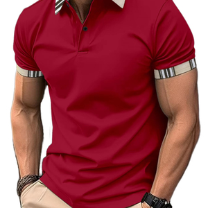 Polo de luxe pour homme bordeaux avec col contrastant à carreaux |   Vêtement rouge de qualité supérieure à manches courtes avec poignets rayés |   Moderne - Product Image 1