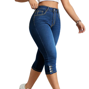 Womens Dark Blue Washed <b>Denim</b> Capri Pants High Waist Skinny <b>Stretch</b> Breathable Casual Cropped Button Hem Fit Daily Wear Style - Product Image 5