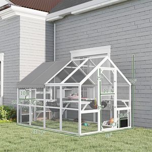 Catio in Legno da Esterno con Copertura Impermeabile, 2 Cucce, 6 Piattaforme e Ponte con Porte - Gabbia per Animali Domestici Bianca - Product Image 3