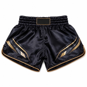 Pantalones Cortos Tailandeses Unisex Personalizados, Negros con Estampado Dorado, Poliéster Elástico, Ropa de Artes Marciales, Corte Regular, Talla Adulto, OEM, Ligeros - Product Image 1