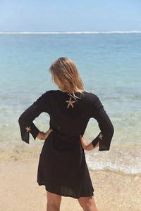2024 Classic Collection Sexy Black Rayon Long Sleeve Deep V Neck Tunic <b>Tops</b> Women Hand Beaded Work Printed Beach Cover Party - Product Image 5