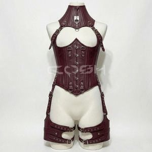 Underbust Steelboned Fashion And Party Wear Burgundy Leather <b>Corset</b> With Neck And Thigh Harness - Product Image 3