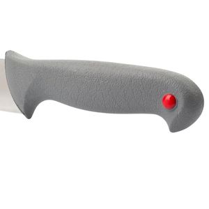 Cuchillos para cortar carne con mango gris, hoja plateada de filo recto, punta roja y protector de dedos contorneado para uso en cocina. - Product Image 6