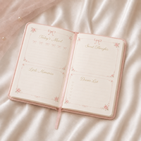Ensemble de carnets LABON personnalisés à notes douces et florales roses avec bordure en dentelle et nœud en satin, carnet à pois avec breloque cœur pour logo personnalisé