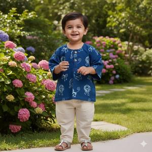 Kurta Infantil de Algodón Índigo con Estampado de Bloques, Estilo Boho, Unisex, Estampado Animal, Top Étnico de Verano, Ligero y Transpirable para Niños Pequeños, Ideal para la Playa - Product Image 3