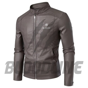 Chaqueta de Cuero PU para Hombre BLOODLINE, Corte Ajustado, Estilo Motero, Cierre de Cremallera, Cuello Alto, para Otoño - Product Image 1