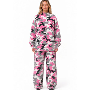 OEM/ODM Ensemble femme oversize en maille bouclette à col montant et épaules tombantes, couleurs unies rose, gris, noir, avec pantalon assorti, style hiver - Product Image 1