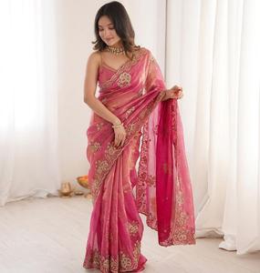 Designer Fandy <b>Satin</b> <b>Saree</b> With C Pallu Beads Embroidery Work With Sequence And Cut Work Border Paired With Fandy <b>Satin</b> Blouse - Product Image 1