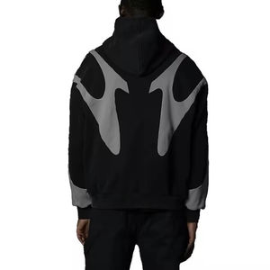 Sudadera con capucha gótica de estilo urbano personalizada al por mayor, de peso pesado, con panel de ondas abstractas, gris y negro, con cremallera - Product Image 2