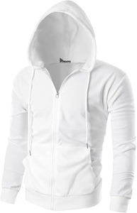 <b>Men's</b> <b>White</b> Hooded Zipper <b>Sweatshirt</b> 100% Cotton Fleece Regular Fit Solid Color Casual Spring Wear High Quality Long Print Front - Product Image 2