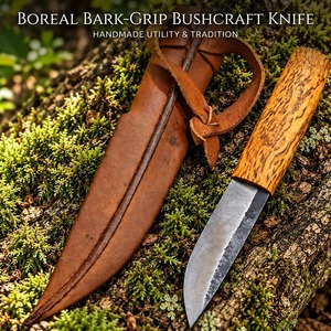 Couteau de survie artisanal avec manche en bois de croûte d'arbre, lame en acier au carbone, étui en cuir, couteau utilitaire pour le camping en plein air - Product Image 5
