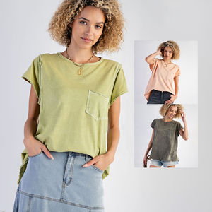 Camiseta de Cuello Redondo para Mujer, 100% Algodón, Apliques, Fresca, Suave y Transpirable, Manga Corta, Ropa Casual de Verano para Venta al Por Mayor - Product Image 1