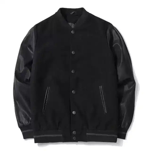 WASONS Men's Black Lettermen Jacket Stand Collar <b>Covered</b> <b>Button</b> Closure Woolen Fabric Breathable Casual Winter Wear Regular Fit - Product Image 1