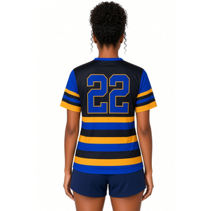 เสื้อเบสบอลลายทางสีดำ Sigma Gamma Rho สำหรับผู้หญิง คอวี แขนสั้น สีน้ำเงินทอง เสื้อผ้าชมรมกรีก ชุดกีฬา - Product Image 2
