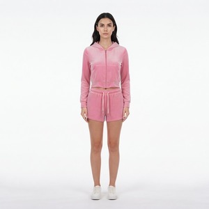 Women's Pink <b>Velvet</b> Zip Up Hoodie And <b>Shorts</b> 2 Piece Set Casual Long Sleeve Tracksuit - Product Image 3