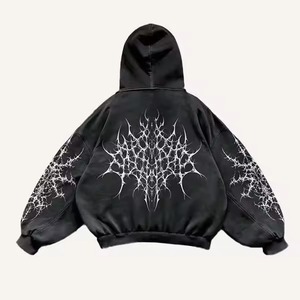 เสื้อฮู้ดสตรีทแวร์คุณภาพสูงทรงโอเวอร์ไซส์สีดำฟอกกรด พิมพ์ลายกราฟิกแบบหนาม  ผลิตตามสั่งคุณภาพเยี่ยมสำหรับผู้ชาย - Product Image 2
