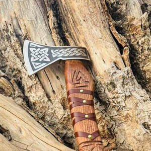 Viking Style Industrial Grade Decorative Axe with Nordic Pattern Head Carbon Steel Blade <b>Wrapped</b> Handle Authentic Rustic Look - Product Image 5
