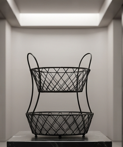 Panier de rangement à fruits en fil métallique noir à deux niveaux, support organisateur de comptoir de cuisine à 2 couches - Product Image 1