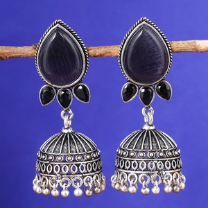 ต่างหูหินสีดำของ Jhumka สำหรับผู้หญิงออกซิไดซ์สีเงินผู้ผลิตเครื่องประดับแฟชั่นแนวโบโฮ - Product Image 5