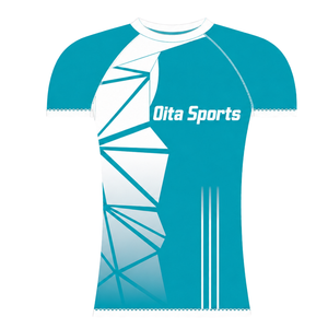 Maillot de compression athlétique personnalisé bleu sarcelle et blanc à manches courtes, col ras du cou, motif géométrique, pour entraînement de performance et sports nautiques - Product Image 1