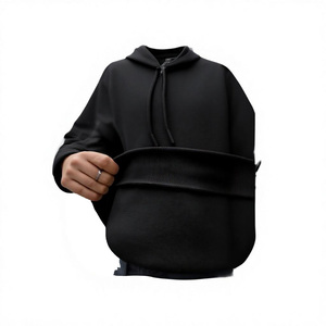 Sweat à capuche polaire noir uni pour homme, coupe droite, manches raglan, décontracté, polyester/coton, 380g, respirant, hiver, poche kangourou - Product Image 6