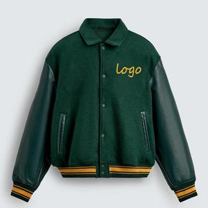 Custom Logo Chenille Embroidery Patch top Quality Green Vintage Faux Leather Sleeves Letterman Varsity Bomber <strong>Jacket</strong> for Unisex - Product Image 4