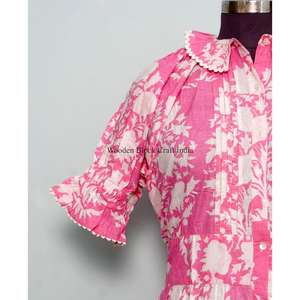 Vestido corto estilo mini para mujer, 100% algodón, informal, con mangas acampanadas, cuello redondo, estampado floral, ecológico, cintura natural - Product Image 3