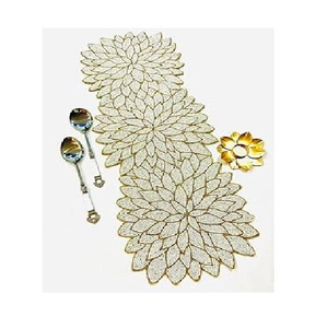 Chemin de table rectangulaire perlé en damassé royal moderne, éco-responsable et fait main |   Centre de table de dîner avec un travail de perlage complexe |   Produits indiens en vrac - Product Image 3
