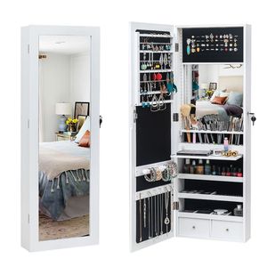 Specchio da Parete con Organizer per Gioielli, 3 Livelli, 2 Cassetti, 17 Porta Pennelli, 95 Luci LED Bianche, Specchio Non Intero, in Legno - Product Image 1