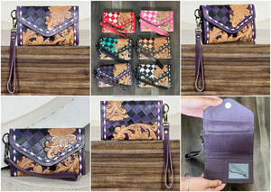 New Arrival Purple & Black Tooled Checkered Leather Wallet Trendy Floral Design ATM Card Holder Women Long Clutch for Shopping - Product Image 3