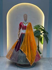 Stylish Indian <b>Designer</b> <b>Lehenga</b> With Embroidered Organza And Tulle V-Neck Short Sleeve A-Line Floor-Length Bohemian Ethnic Wear - Product Image 6