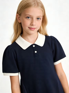 New Girls' 100% Cotton Woven Loose Mid-Length High School Uniform Dress Blue White Color Block Polo Collar Design Perfect - Product Image 6
