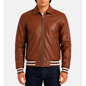 <b>Men's</b> <b>Brown</b> <b>Leather</b> Varsity <b>Jacket</b> Turn-down Collar Zipper Closure Casual Style Regular Fit Autumn Wear - Product Image 1