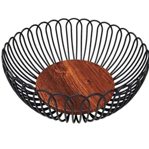 Panier à fruits ovale en fil métallique avec base en bois, vente en gros directe usine OEM ODM, panier de rangement vertical robuste en fil de fer à lattes - Product Image 4