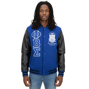 เสื้อแจ็คเก็ตขนสัตว์ Phi Beta Sigma สีน้ำเงินรอยัล-ดำ  แบบตัวอักษรกรีก  เสื้อแจ็คเก็ตนักศึกษา  เสื้อผ้าสำหรับสมาคมนักศึกษา  เสื้อโค้ทคุณภาพพรีเมียม อุ่นสบาย ทันสมัย - Product Image 1