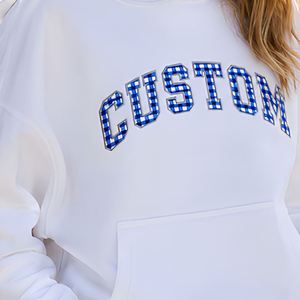 Sudadera blanca personalizada para mujer con estampado de cuadros azules, letras y bolsillo frontal, ropa informal de otoño - Product Image 5