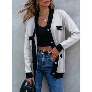 Women's Color Blocking <b>Cardigan</b> Long Sleeve V-Neck Knitted Sweater Casual Autumn Wear Button Closure Full Length Gray Black - Product Image 5