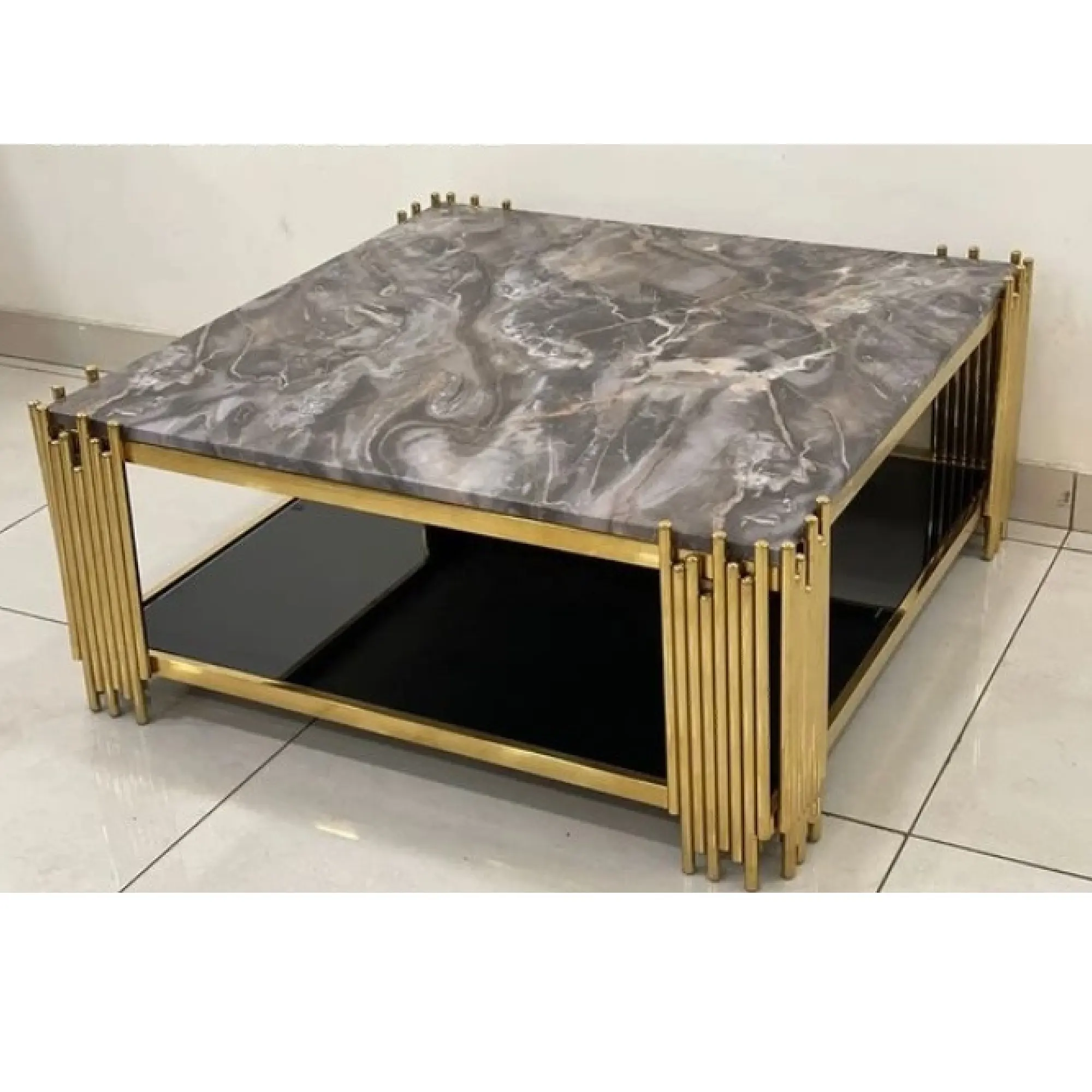 Mesa de centro de mármore preta com moldura de metal dourada luxuosa personalizada, sofá, móveis para sala de estar, mesas de centro por fabricante